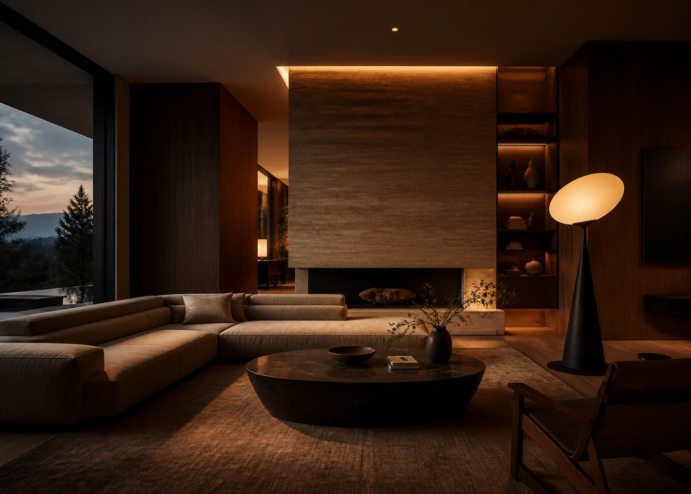 Warm cinematic interior lit by Aurona fixtures