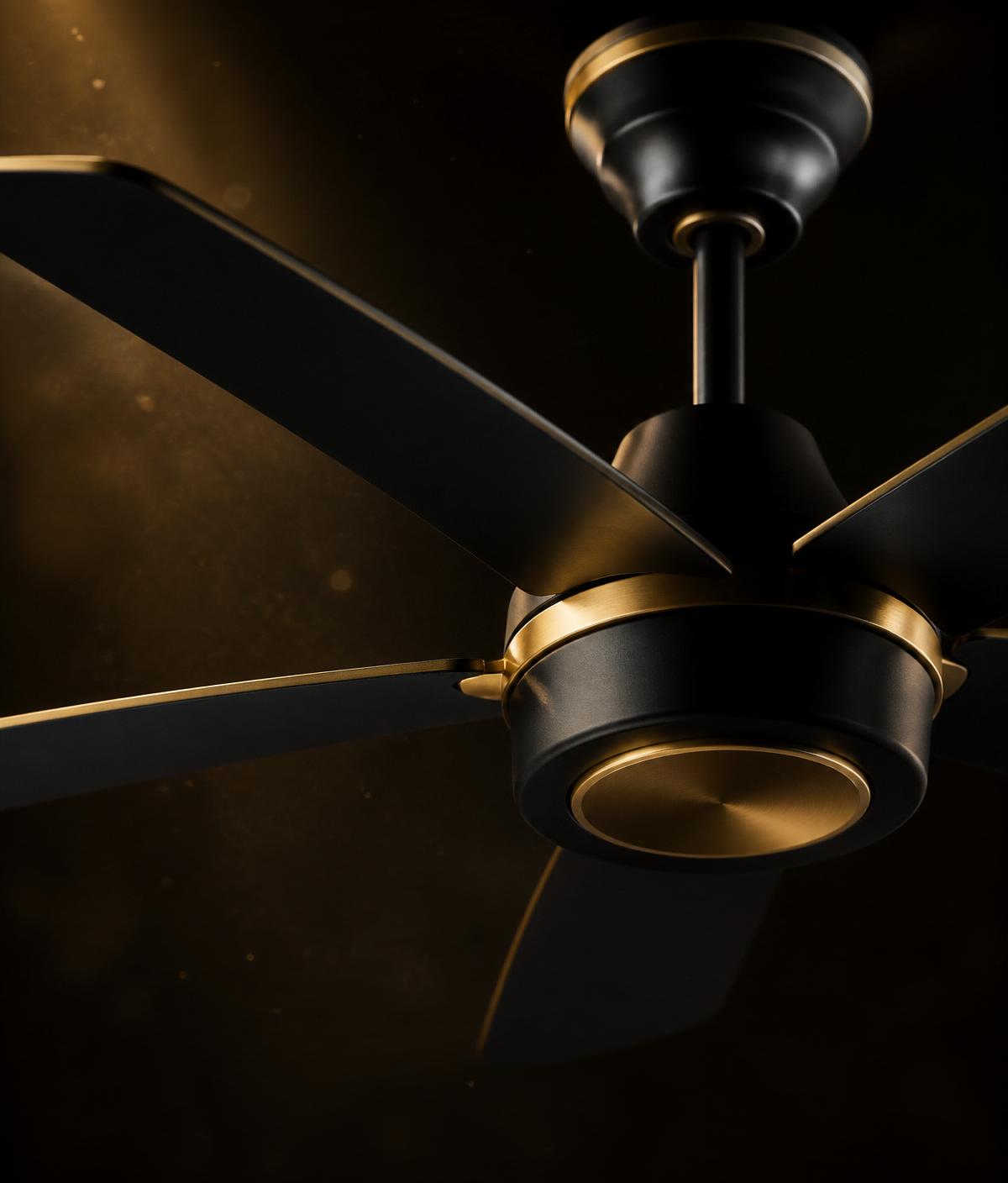 Aurona matte-black ceiling fan with brushed gold accents